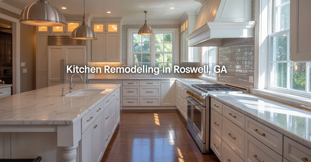 Custom kitchen remodel in Roswell, Georgia — white shaker cabinetry, quartz countertops and oversized island built by a local Roswell GA design-build team